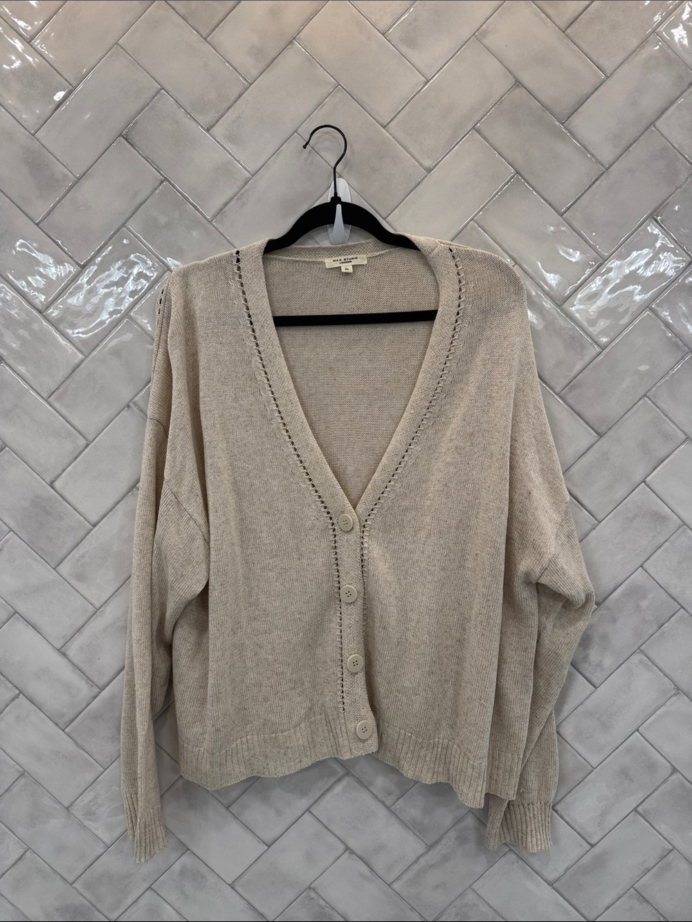 Max Studio Beige V-Neck Button Cardigan